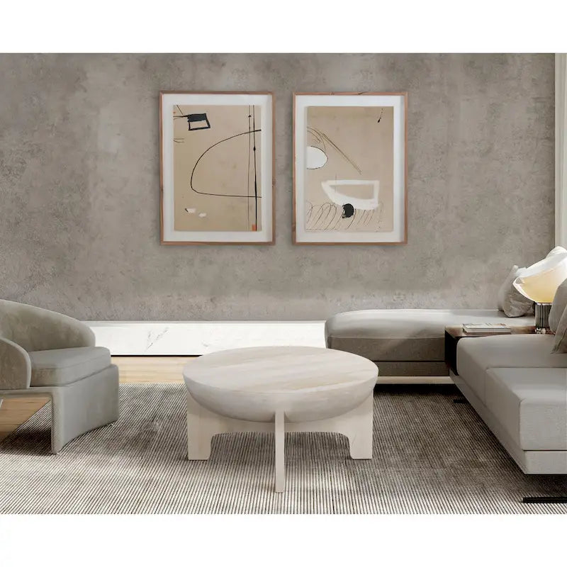 Table basse Tomas 32 po, plateau tambour en manguier, blanc délavé classique