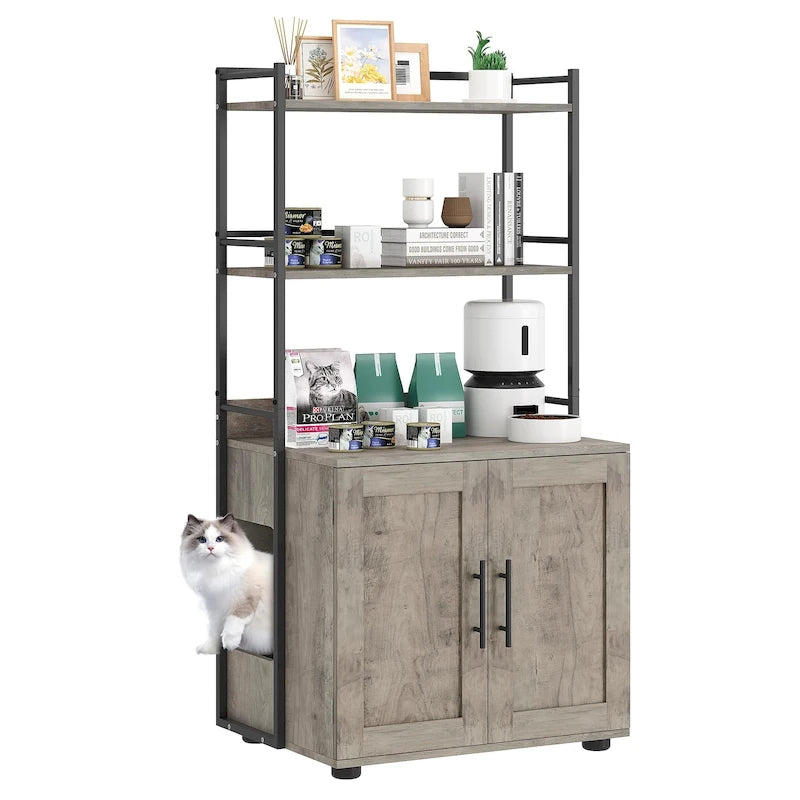 Meuble cache-litière 2 en 1 pour chat avec 3 étagères et une porte
