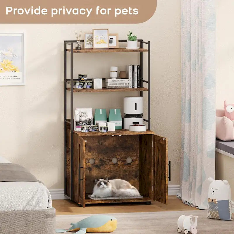 Meuble cache-litière 2 en 1 pour chat avec 3 étagères et une porte