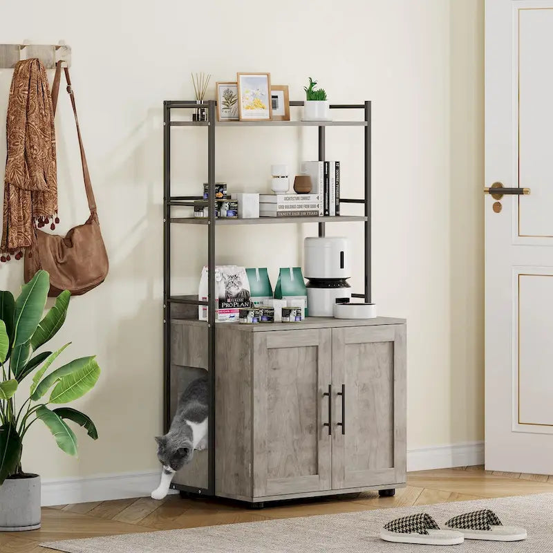 Meuble cache-litière 2 en 1 pour chat avec 3 étagères et une porte