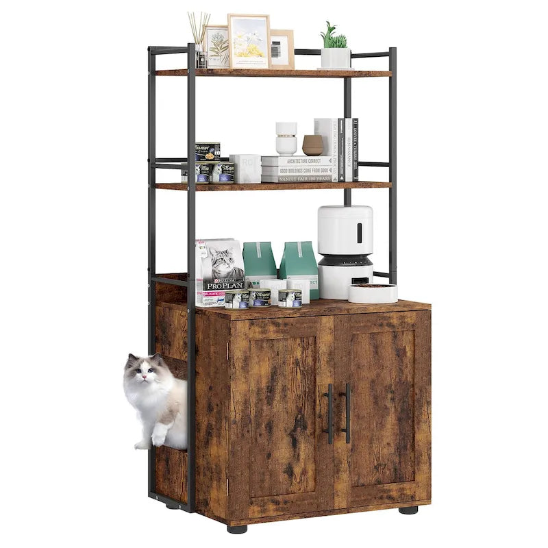 Meuble cache-litière 2 en 1 pour chat avec 3 étagères et une porte