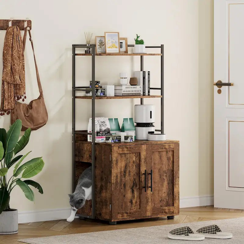 Meuble cache-litière 2 en 1 pour chat avec 3 étagères et une porte