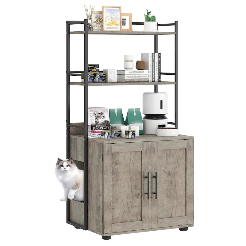 Meuble cache-litière 2 en 1 pour chat avec 3 étagères et une porte