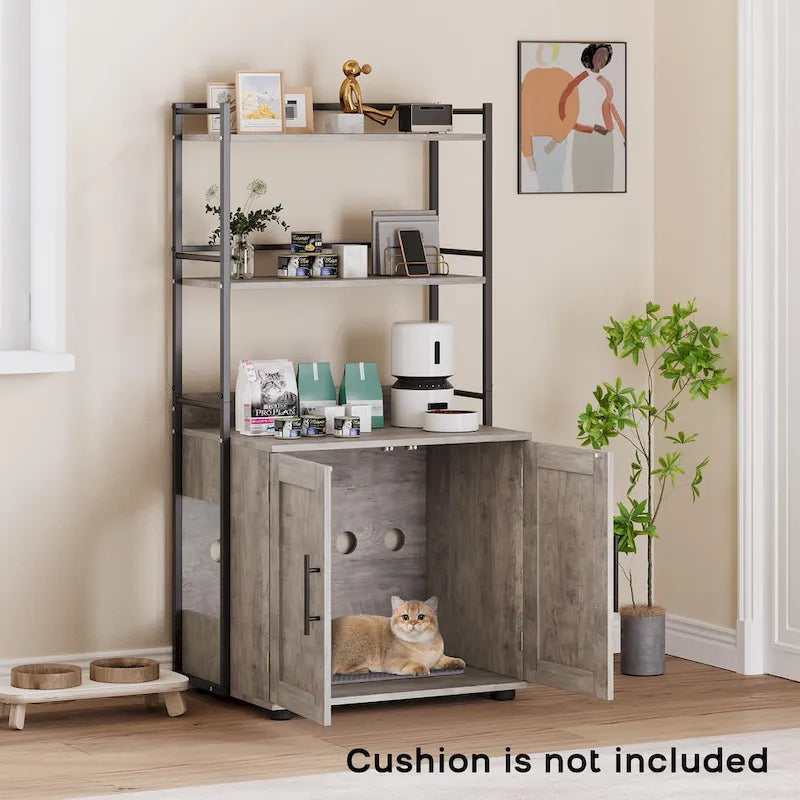 Meuble cache-litière 2 en 1 pour chat avec 3 étagères et une porte