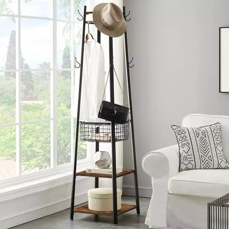 Portemanteau industriel autoportant VECELO avec panier métallique, 2 étagères et 8 crochets doubles – Meuble d'entrée pour chapeaux, sacs et écharpes
