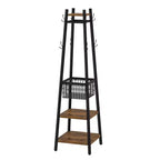 Portemanteau industriel autoportant VECELO avec panier métallique, 2 étagères et 8 crochets doubles – Meuble d'entrée pour chapeaux, sacs et écharpes