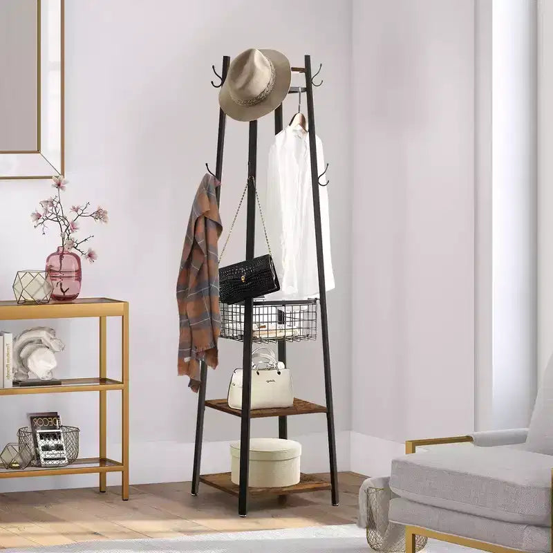 Portemanteau industriel autoportant VECELO avec panier métallique, 2 étagères et 8 crochets doubles – Meuble d'entrée pour chapeaux, sacs et écharpes