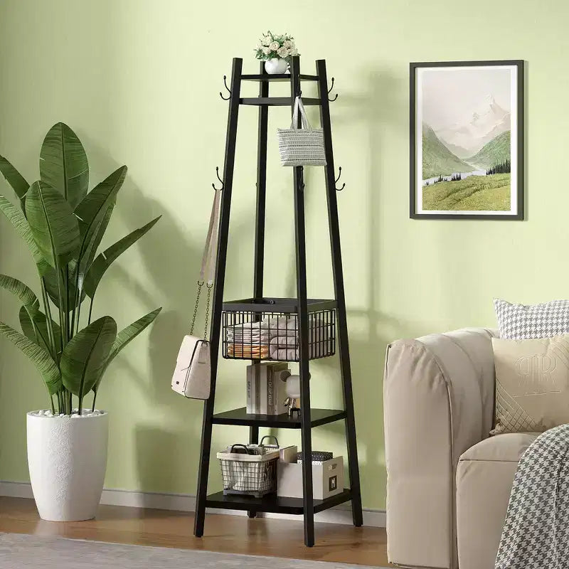 Portemanteau industriel autoportant VECELO avec panier métallique, 2 étagères et 8 crochets doubles – Meuble d'entrée pour chapeaux, sacs et écharpes