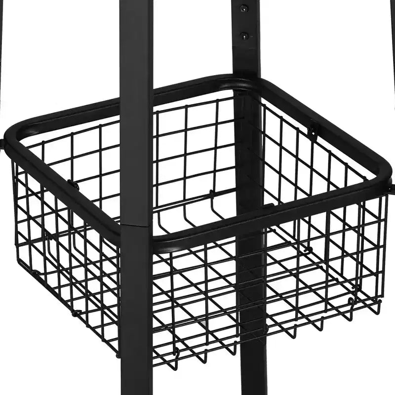 Portemanteau industriel autoportant VECELO avec panier métallique, 2 étagères et 8 crochets doubles – Meuble d'entrée pour chapeaux, sacs et écharpes