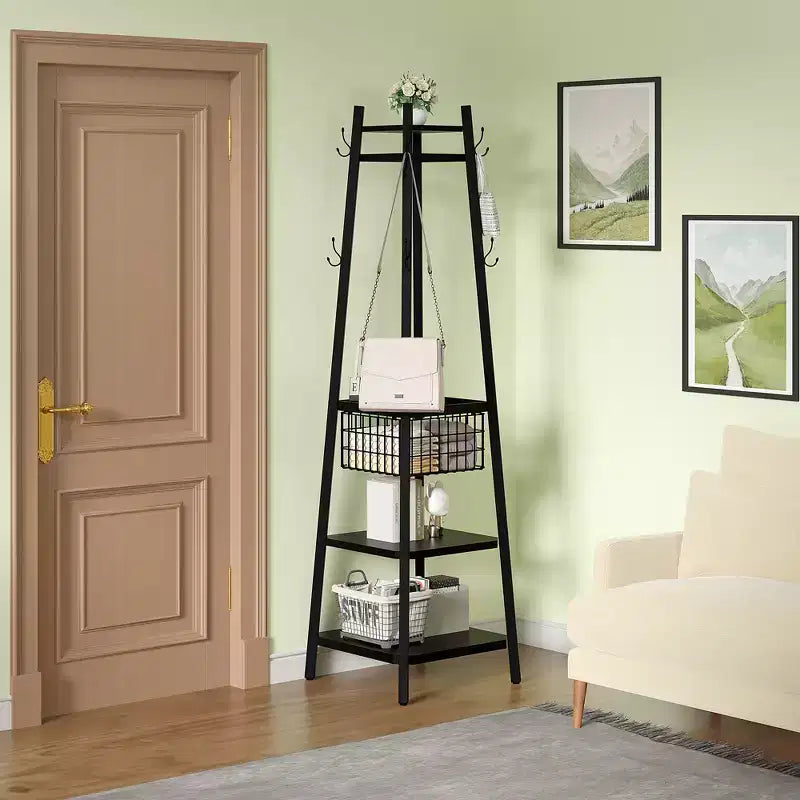 Portemanteau industriel autoportant VECELO avec panier métallique, 2 étagères et 8 crochets doubles – Meuble d'entrée pour chapeaux, sacs et écharpes