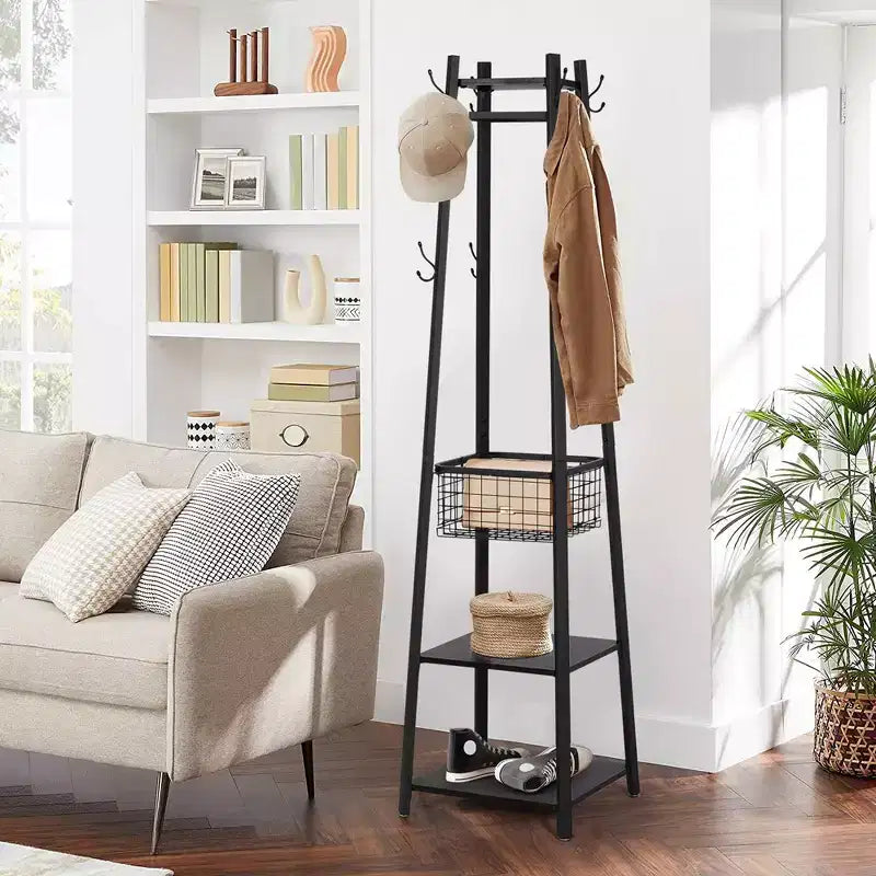 Portemanteau industriel autoportant VECELO avec panier métallique, 2 étagères et 8 crochets doubles – Meuble d'entrée pour chapeaux, sacs et écharpes