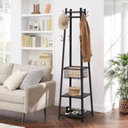 Portemanteau industriel autoportant VECELO avec panier métallique, 2 étagères et 8 crochets doubles – Meuble d'entrée pour chapeaux, sacs et écharpes