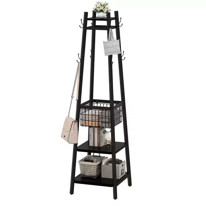 Portemanteau industriel autoportant VECELO avec panier métallique, 2 étagères et 8 crochets doubles – Meuble d'entrée pour chapeaux, sacs et écharpes