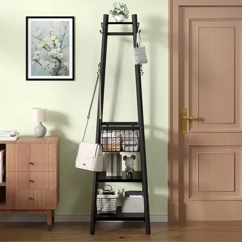 Portemanteau industriel autoportant VECELO avec panier métallique, 2 étagères et 8 crochets doubles – Meuble d'entrée pour chapeaux, sacs et écharpes