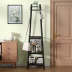 Portemanteau industriel autoportant VECELO avec panier métallique, 2 étagères et 8 crochets doubles – Meuble d'entrée pour chapeaux, sacs et écharpes