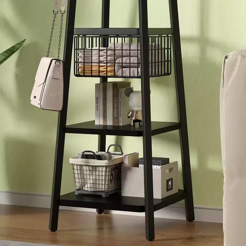Portemanteau industriel autoportant VECELO avec panier métallique, 2 étagères et 8 crochets doubles – Meuble d'entrée pour chapeaux, sacs et écharpes