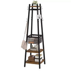 Portemanteau industriel autoportant VECELO avec panier métallique, 2 étagères et 8 crochets doubles – Meuble d'entrée pour chapeaux, sacs et écharpes