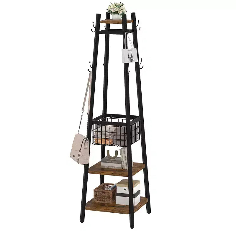 Portemanteau industriel autoportant VECELO avec panier métallique, 2 étagères et 8 crochets doubles – Meuble d'entrée pour chapeaux, sacs et écharpes