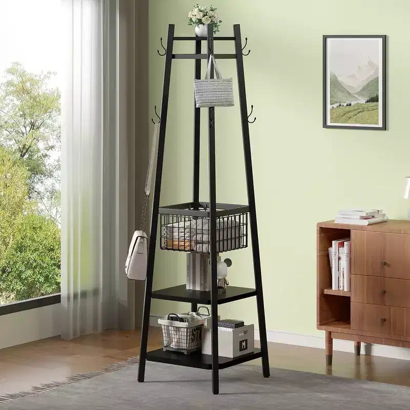 Portemanteau industriel autoportant VECELO avec panier métallique, 2 étagères et 8 crochets doubles – Meuble d'entrée pour chapeaux, sacs et écharpes