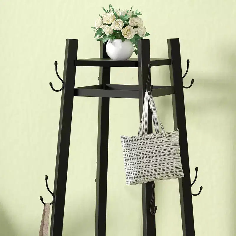 Portemanteau industriel autoportant VECELO avec panier métallique, 2 étagères et 8 crochets doubles – Meuble d'entrée pour chapeaux, sacs et écharpes