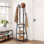 Portemanteau industriel autoportant VECELO avec panier métallique, 2 étagères et 8 crochets doubles – Meuble d'entrée pour chapeaux, sacs et écharpes
