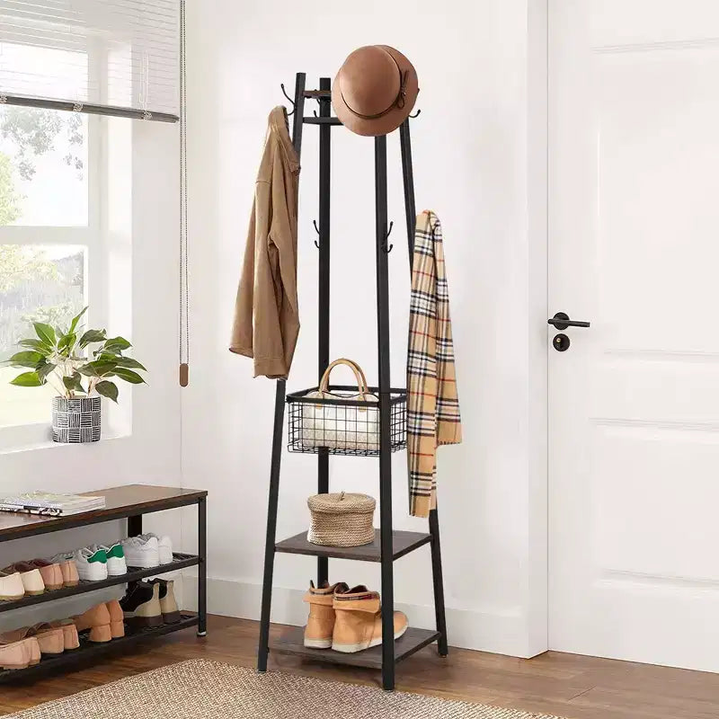 Portemanteau industriel autoportant VECELO avec panier métallique, 2 étagères et 8 crochets doubles – Meuble d'entrée pour chapeaux, sacs et écharpes