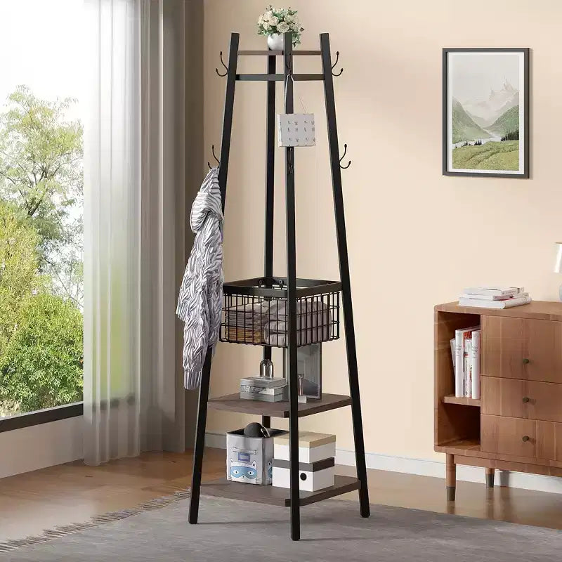 Portemanteau industriel autoportant VECELO avec panier métallique, 2 étagères et 8 crochets doubles – Meuble d'entrée pour chapeaux, sacs et écharpes