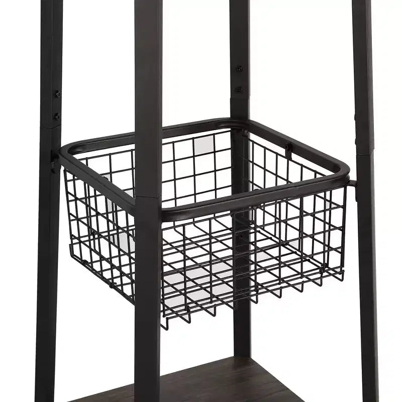 Portemanteau industriel autoportant VECELO avec panier métallique, 2 étagères et 8 crochets doubles – Meuble d'entrée pour chapeaux, sacs et écharpes