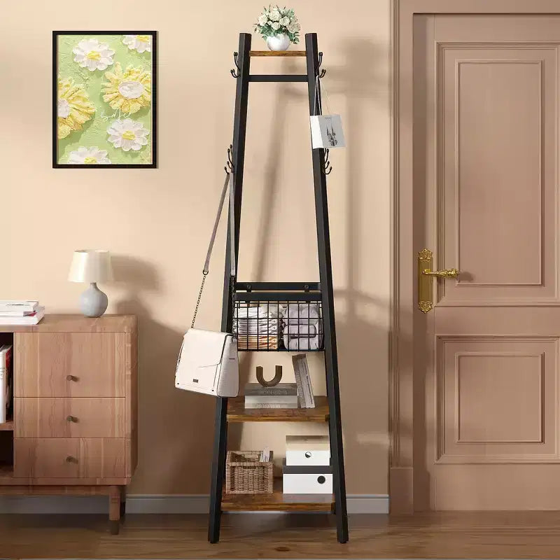 Portemanteau industriel autoportant VECELO avec panier métallique, 2 étagères et 8 crochets doubles – Meuble d'entrée pour chapeaux, sacs et écharpes