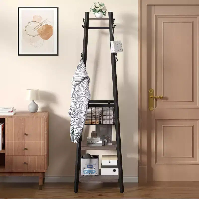 Portemanteau industriel autoportant VECELO avec panier métallique, 2 étagères et 8 crochets doubles – Meuble d'entrée pour chapeaux, sacs et écharpes