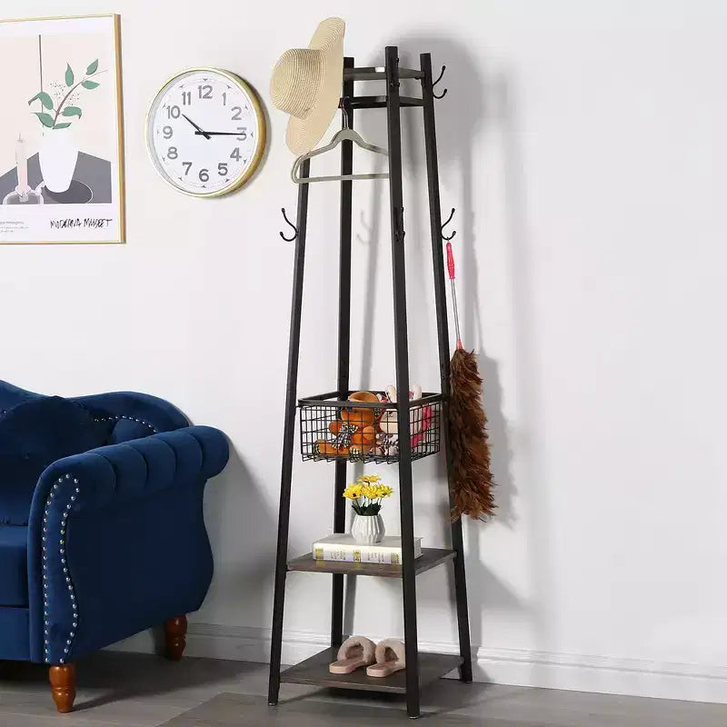 Portemanteau industriel autoportant VECELO avec panier métallique, 2 étagères et 8 crochets doubles – Meuble d'entrée pour chapeaux, sacs et écharpes