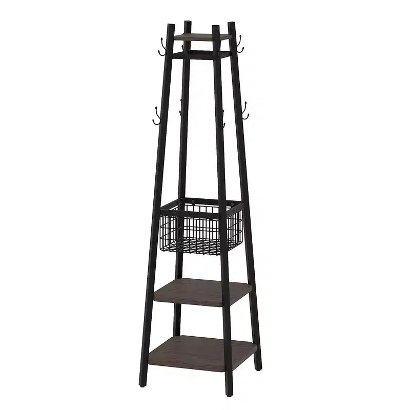 Portemanteau industriel autoportant VECELO avec panier métallique, 2 étagères et 8 crochets doubles – Meuble d'entrée pour chapeaux, sacs et écharpes