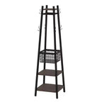 Portemanteau industriel autoportant VECELO avec panier métallique, 2 étagères et 8 crochets doubles – Meuble d'entrée pour chapeaux, sacs et écharpes