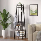 Portemanteau industriel autoportant VECELO avec panier métallique, 2 étagères et 8 crochets doubles – Meuble d'entrée pour chapeaux, sacs et écharpes