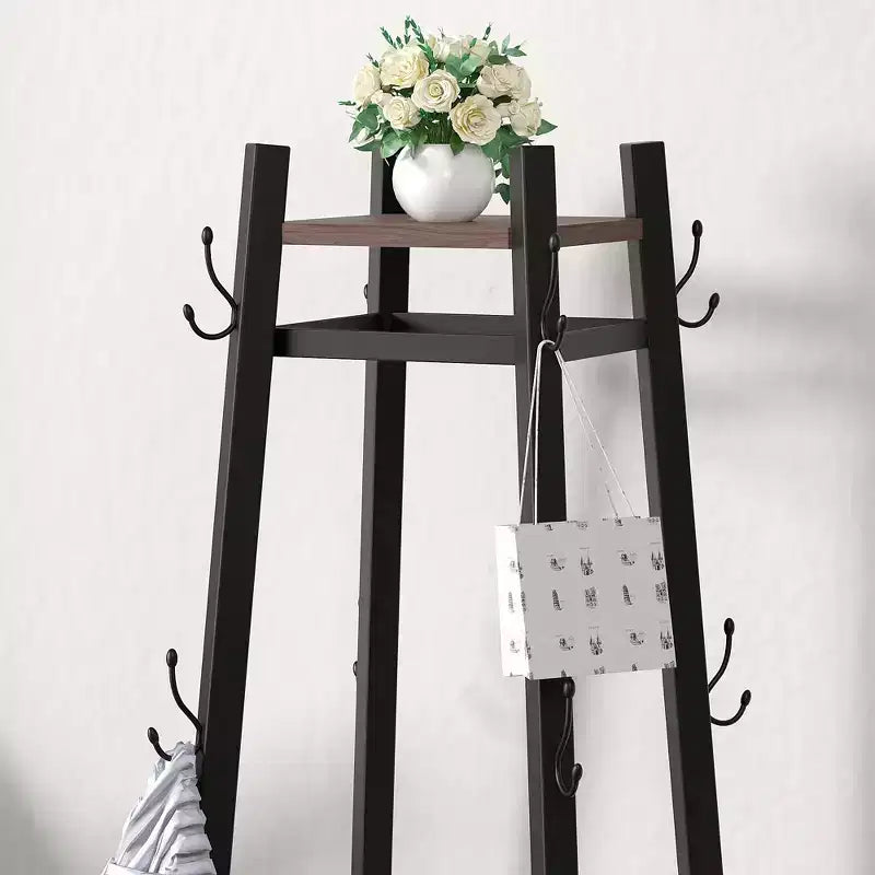 Portemanteau industriel autoportant VECELO avec panier métallique, 2 étagères et 8 crochets doubles – Meuble d'entrée pour chapeaux, sacs et écharpes