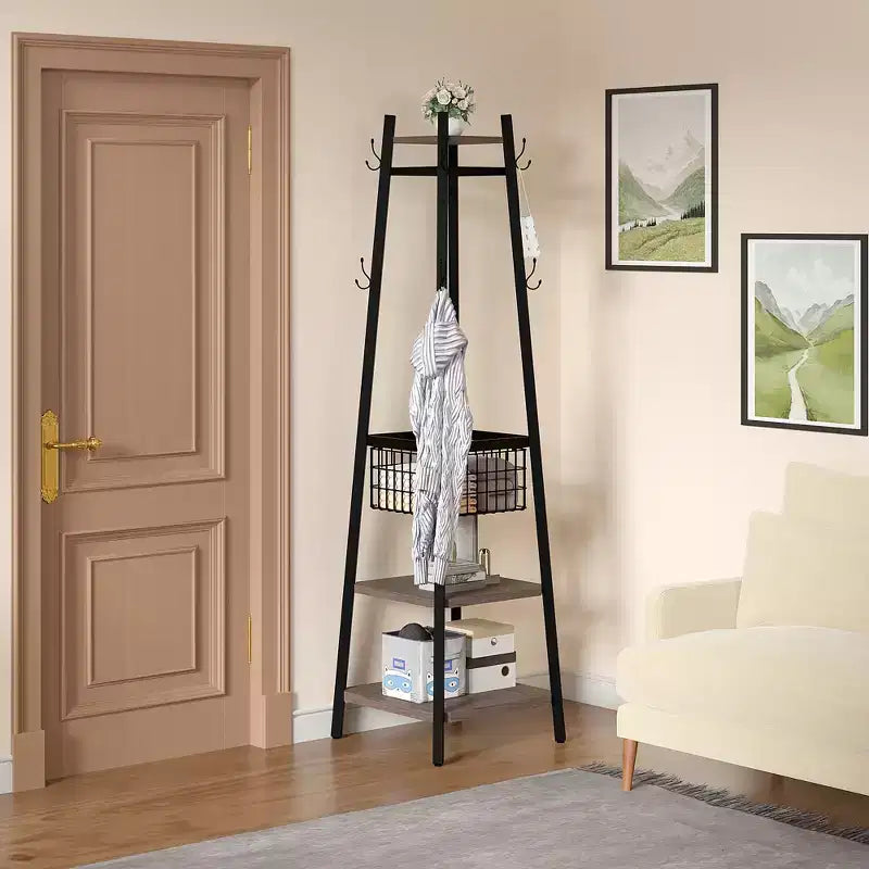 Portemanteau industriel autoportant VECELO avec panier métallique, 2 étagères et 8 crochets doubles – Meuble d'entrée pour chapeaux, sacs et écharpes