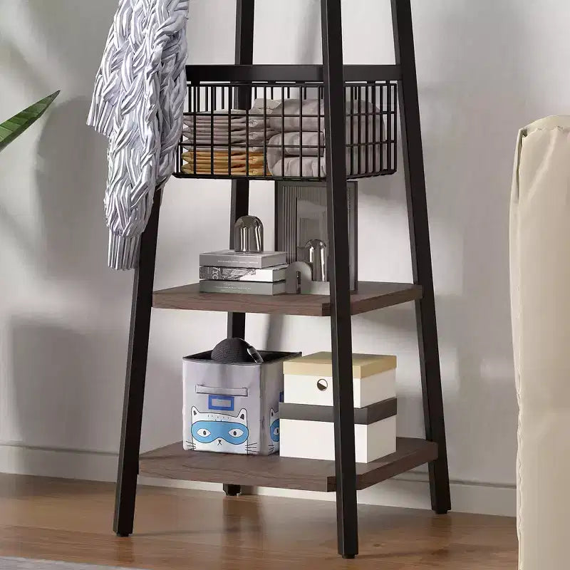 Portemanteau industriel autoportant VECELO avec panier métallique, 2 étagères et 8 crochets doubles – Meuble d'entrée pour chapeaux, sacs et écharpes