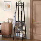 Portemanteau industriel autoportant VECELO avec panier métallique, 2 étagères et 8 crochets doubles – Meuble d'entrée pour chapeaux, sacs et écharpes