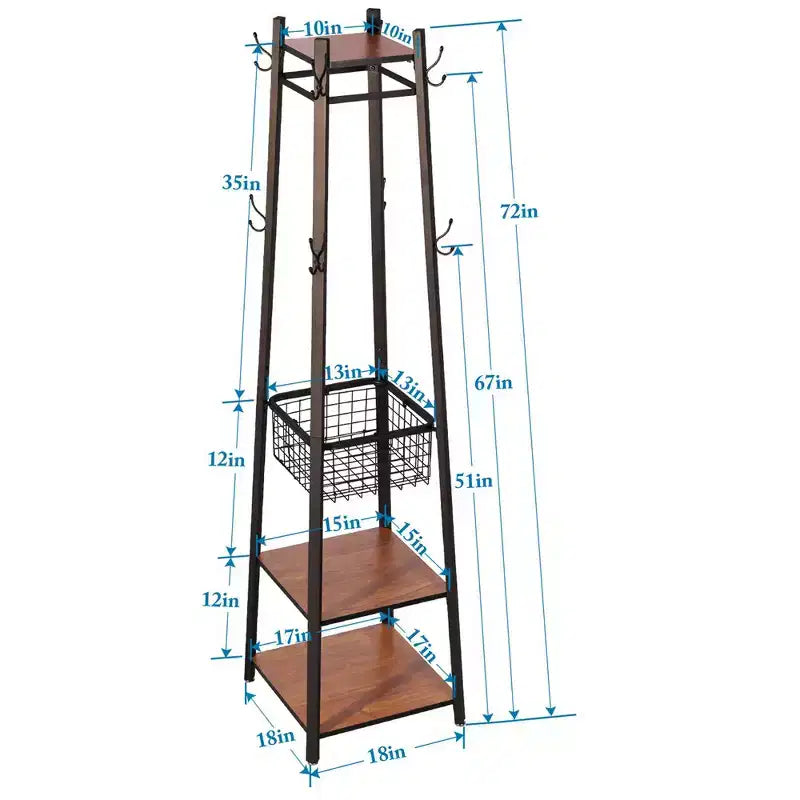 Portemanteau industriel autoportant VECELO avec panier métallique, 2 étagères et 8 crochets doubles – Meuble d'entrée pour chapeaux, sacs et écharpes