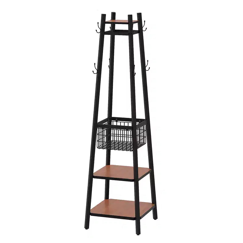 Portemanteau industriel autoportant VECELO avec panier métallique, 2 étagères et 8 crochets doubles – Meuble d'entrée pour chapeaux, sacs et écharpes