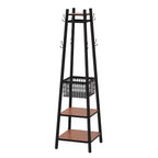 Portemanteau industriel autoportant VECELO avec panier métallique, 2 étagères et 8 crochets doubles – Meuble d'entrée pour chapeaux, sacs et écharpes