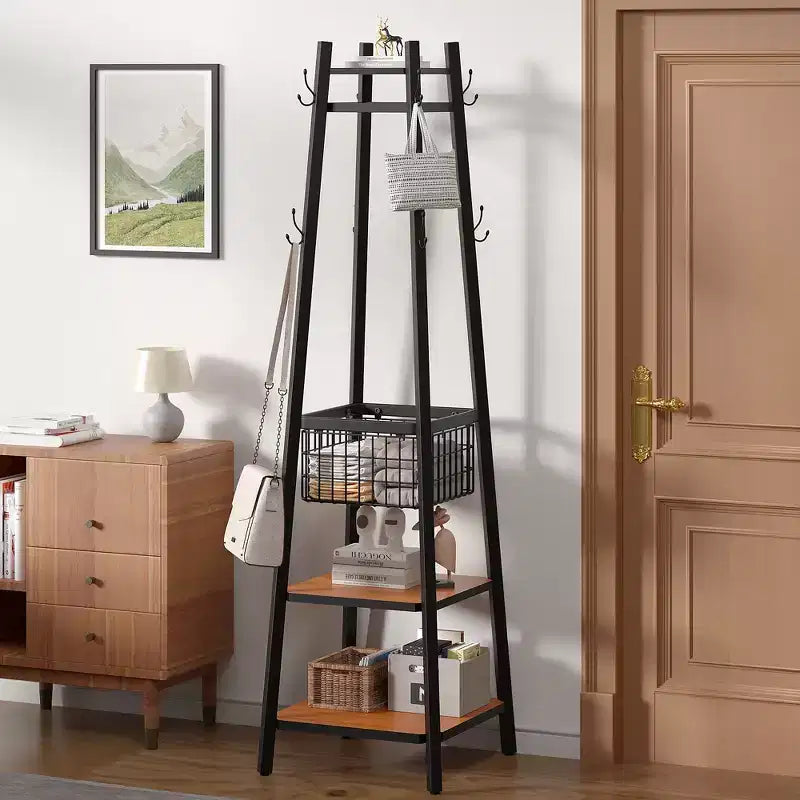 Portemanteau industriel autoportant VECELO avec panier métallique, 2 étagères et 8 crochets doubles – Meuble d'entrée pour chapeaux, sacs et écharpes