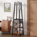 Portemanteau industriel autoportant VECELO avec panier métallique, 2 étagères et 8 crochets doubles – Meuble d'entrée pour chapeaux, sacs et écharpes