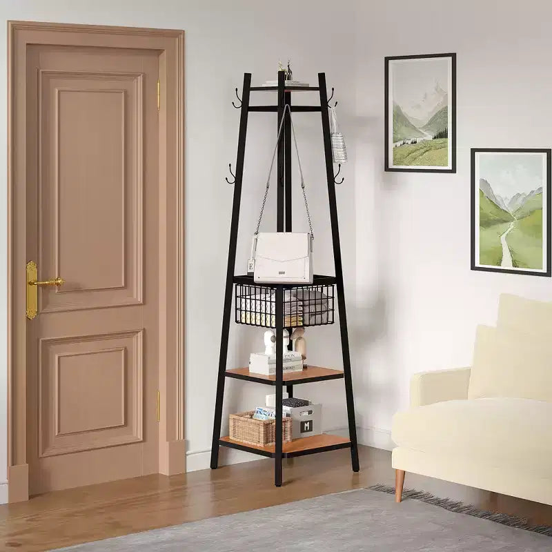Portemanteau industriel autoportant VECELO avec panier métallique, 2 étagères et 8 crochets doubles – Meuble d'entrée pour chapeaux, sacs et écharpes