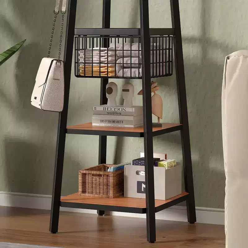 Portemanteau industriel autoportant VECELO avec panier métallique, 2 étagères et 8 crochets doubles – Meuble d'entrée pour chapeaux, sacs et écharpes