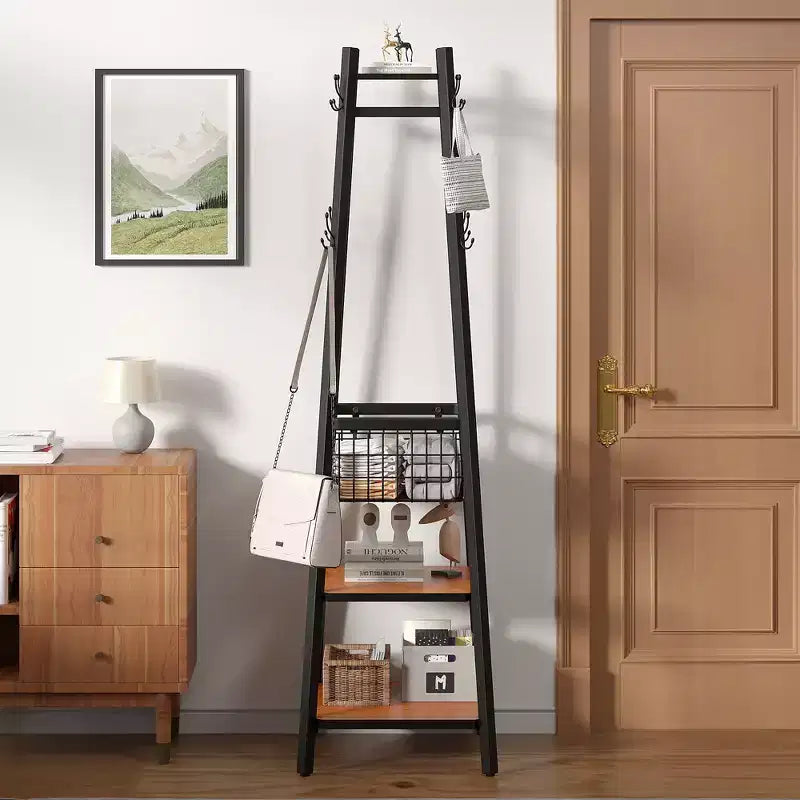 Portemanteau industriel autoportant VECELO avec panier métallique, 2 étagères et 8 crochets doubles – Meuble d'entrée pour chapeaux, sacs et écharpes
