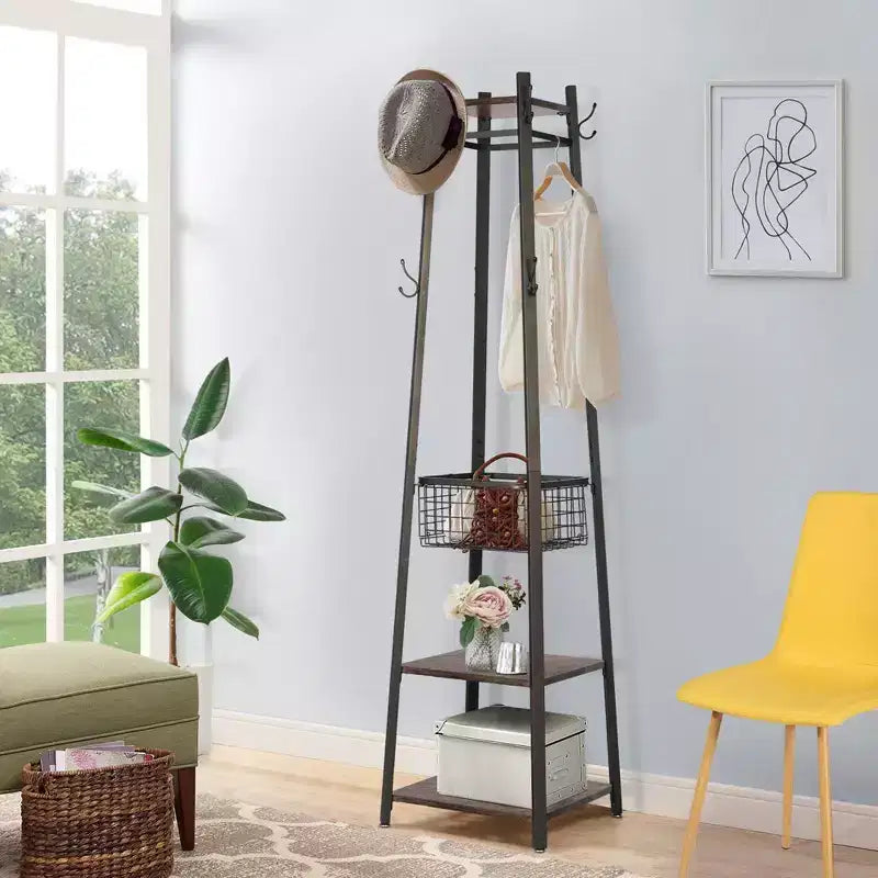 Portemanteau industriel autoportant VECELO avec panier métallique, 2 étagères et 8 crochets doubles – Meuble d'entrée pour chapeaux, sacs et écharpes