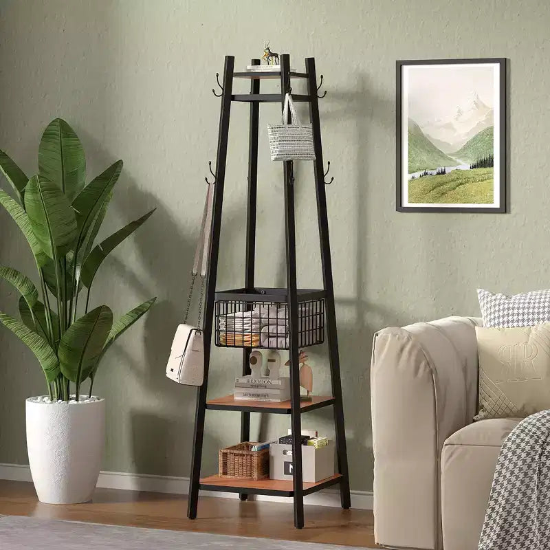 Portemanteau industriel autoportant VECELO avec panier métallique, 2 étagères et 8 crochets doubles – Meuble d'entrée pour chapeaux, sacs et écharpes