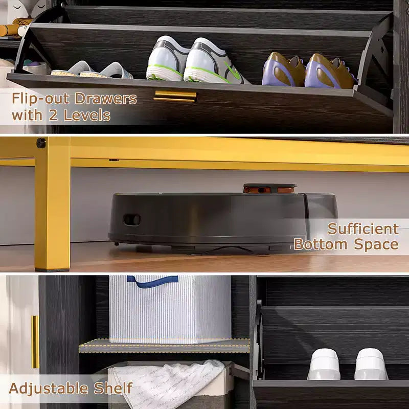 Banc de rangement VECELO, avec tiroirs à deux niveaux rabattables pour l'entrée, organisateur de chaussures, coussin d'assise amovible