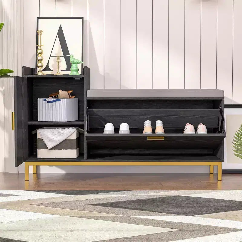 Banc de rangement VECELO, avec tiroirs à deux niveaux rabattables pour l'entrée, organisateur de chaussures, coussin d'assise amovible